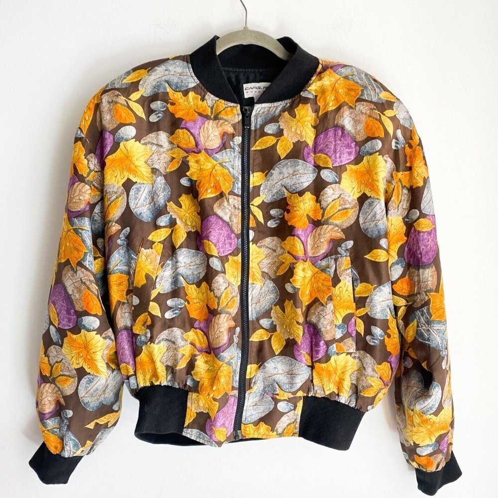 Vintage Carol Horn Silk Colourful Leaf Print Bomber JAcket M